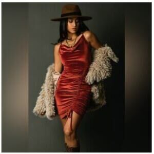 Joyfolie Mia Joy Rust Ruched velvet bodycon dress Size Small